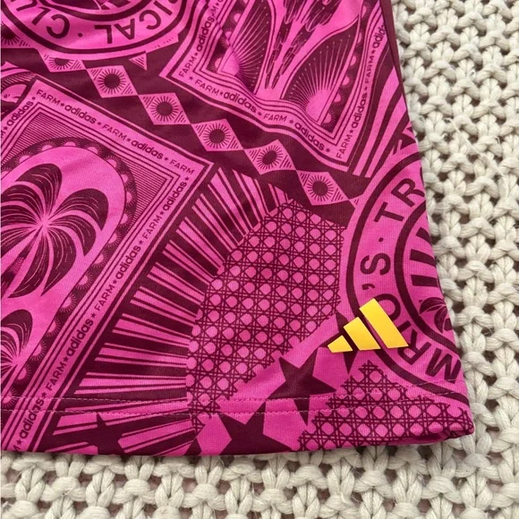 FARM Rio x Adidas Pink Tropical Print Mini Skirt with Gold Stripes - Picture 8 of 12